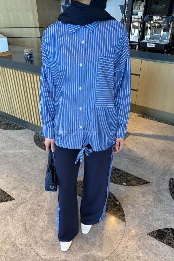 Lamelif Garnili Çizgili Pantolonlu Takım Lacivert