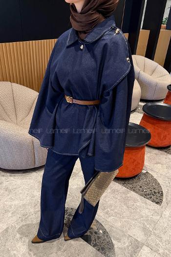 Lamelif Kemerli Panço-Pantolon Kot Takım Kot Mavisi