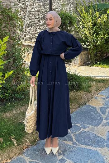 Lamelif Pat Detaylı Tesettür Elbise Koyu Lacivert