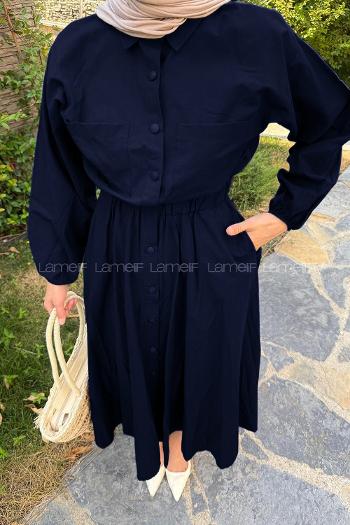 Lamelif Pat Detaylı Tesettür Elbise Koyu Lacivert