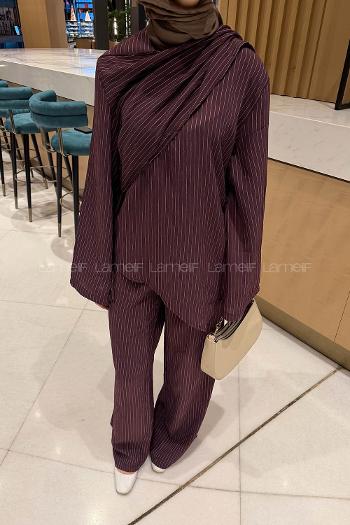 Lamelif Şal Detaylı Çizgili Takım Koyu Mürdüm