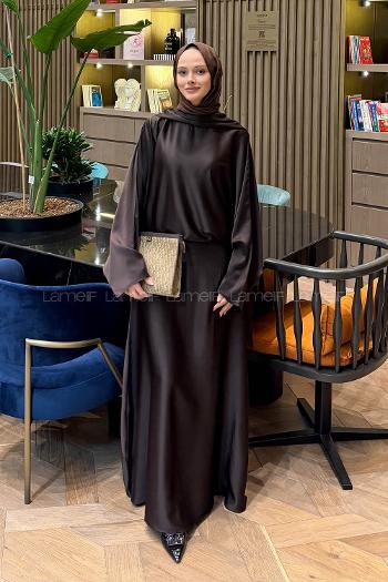 Lamelif Şal Yaka Saten Elbise Acı Kahve