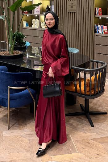 Lamelif Şal Yaka Saten Elbise Bordo
