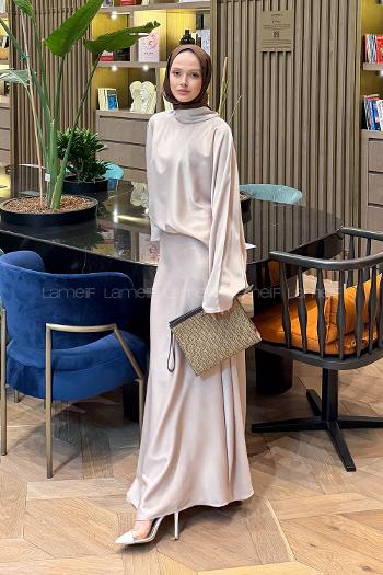 Lamelif Şal Yaka Saten Elbise Krem