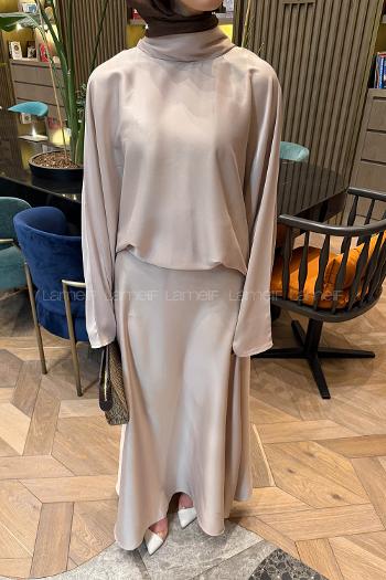 Lamelif Şal Yaka Saten Elbise Krem