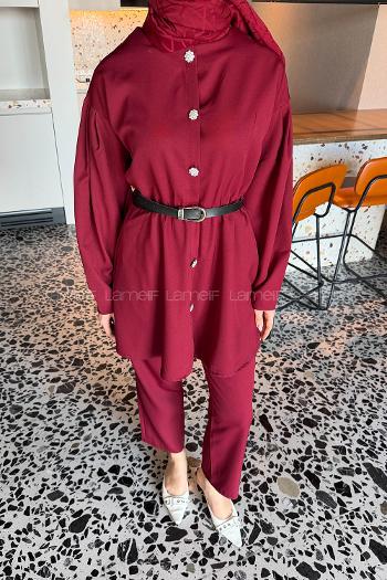 Lamelif Taş Düğme Detaylı Kemerli Takım Bordo