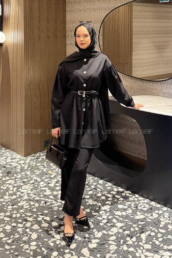 Lamelif Taş Düğme Detaylı Kemerli Takım Siyah