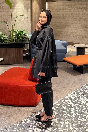 Lamelif Taş Düğme Detaylı Kemerli Takım Siyah