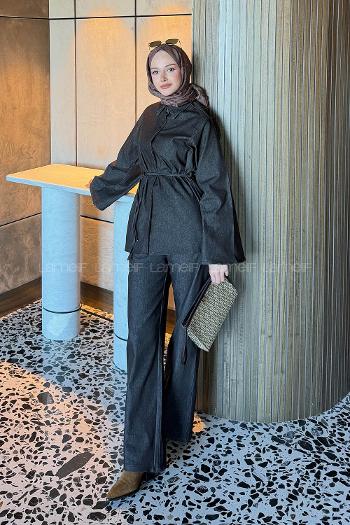 Lamelif Yarasa Kol Pantolonlu Takım Koyu kahverengi