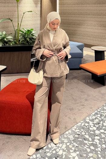 Lamelif Bağlama Detaylı Ceket Takım Soft Kahve