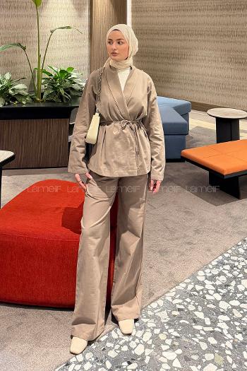 Lamelif Bağlama Detaylı Ceket Takım Soft Kahve