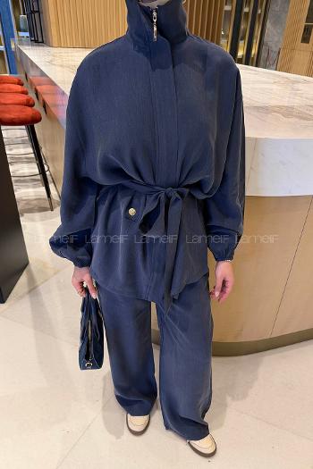 Lamelif Bağlamalı Gold Düğme Detaylı Takım İndigo
