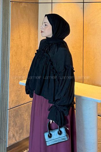 Lamelif Balon Kol Bluz Siyah