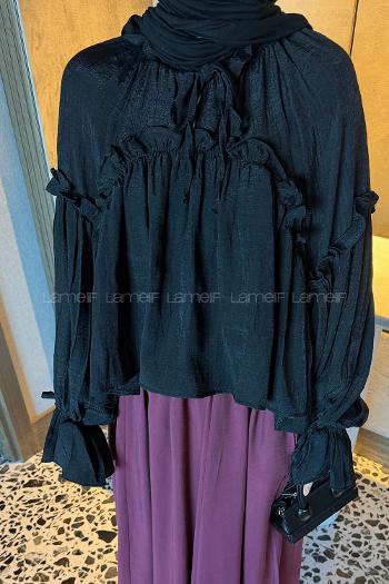 Lamelif Balon Kol Bluz Siyah