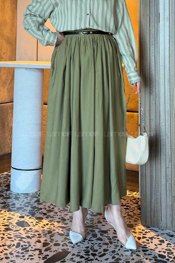 Lamelif Bel Lastikli Cep Detaylı Etek Haki