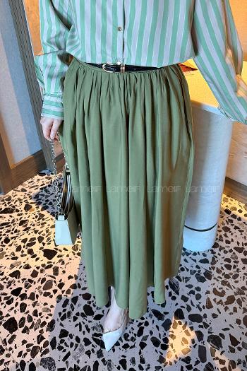 Lamelif Bel Lastikli Cep Detaylı Etek Haki