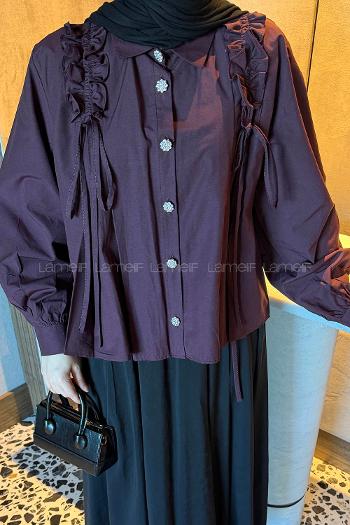 Lamelif Büzgü Detaylı Tesettür Gömlek Bordo
