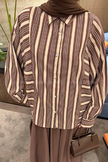 Lamelif Çizgi Detaylı Gömlek Acı Kahve