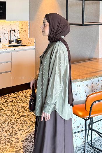 Lamelif Çizgili Cep Detaylı Gömlek Haki