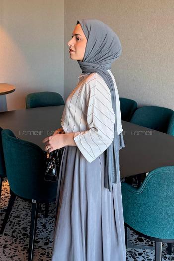 Lamelif Çizgili Yarasa Kol Gömlek Antrasit