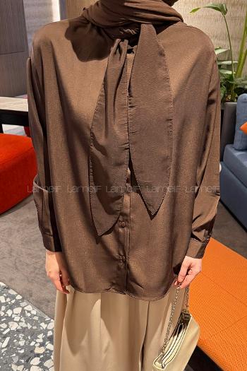 Bitter Brown Foulard Neck Long Arm Viscose Fabric Shirt