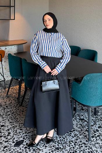 Lamelif Gold Düğmeli Çizgili Gömlek Lacivert