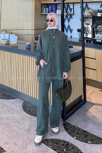 Lamelif Gold Düğmeli Fermuarlı Takım Koyu Yeşil