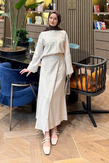 Lamelif Gömlek-Etek Tesettür Takım Bej