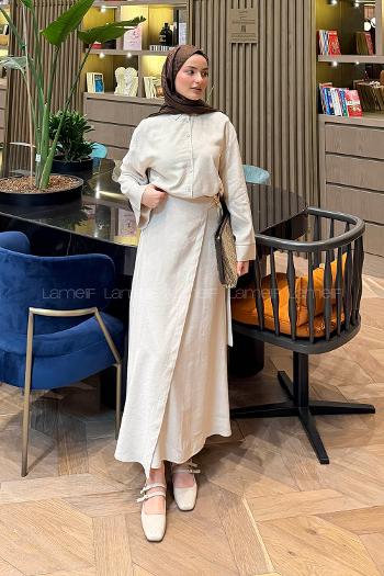 Lamelif Gömlek-Etek Tesettür Takım Bej
