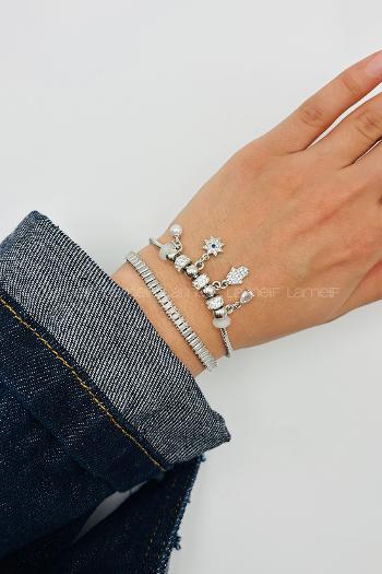 Lamelif Gümüş Hamsa Charmlı Pandora Bileklik