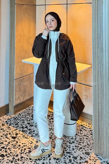 Lamelif Kapüşonlu Garnili Yağmurluk Acı Kahve