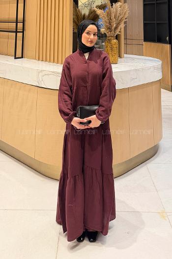 Lamelif Ön Yarım Düğme Detaylı Müslin Kumaş Tesettür Elbise Bordo