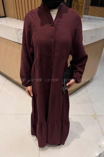 Lamelif Ön Yarım Düğme Detaylı Müslin Kumaş Tesettür Elbise Bordo