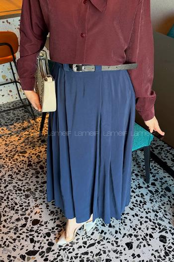 Lamelif Pileli Kemerli Etek Lacivert