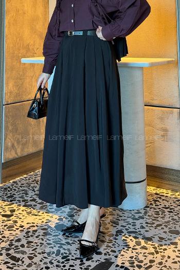 Lamelif Pileli Kemerli Etek Siyah