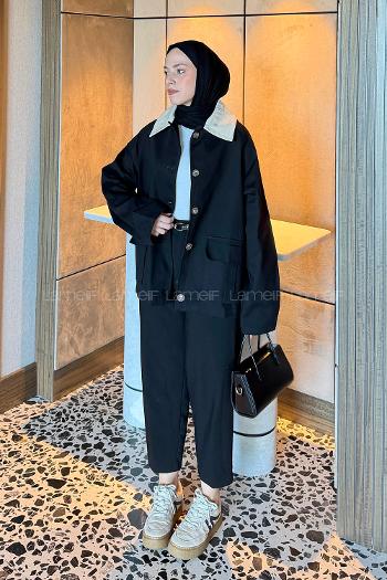 Lamelif Yaka Detaylı Parka Siyah