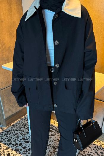 Lamelif Yaka Detaylı Parka Siyah