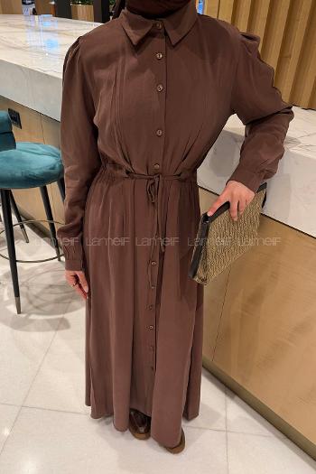 Brown Shirt Collar Cotton Lycra Dresess
