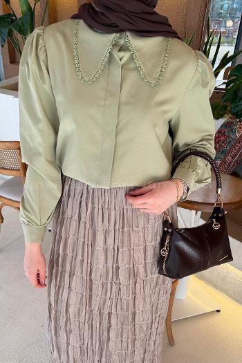 Plum Green Peter Pan Collar Long Arm Viscose Fabric Shirt