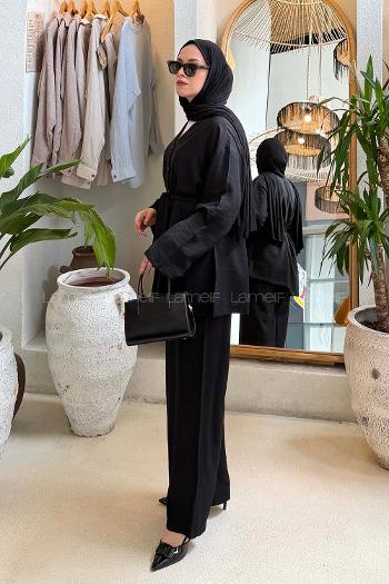 Lamelif Brit Düğmeli Gömlek-Pantolon Takım Siyah