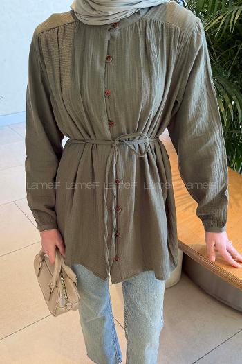 Lamelif Brit Düğmeli Müslin Gömlek Çağla Yeşili