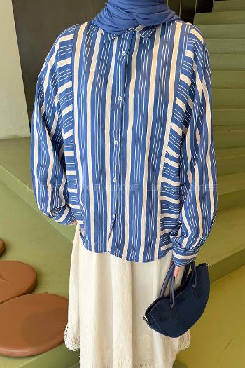 Navy Blue Shirt Collar Long Arm Viscose Fabric Shirt