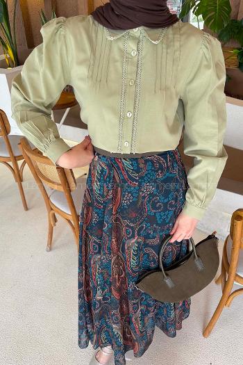 Plum Green Shirt Collar Long Arm Viscose Fabric Shirt