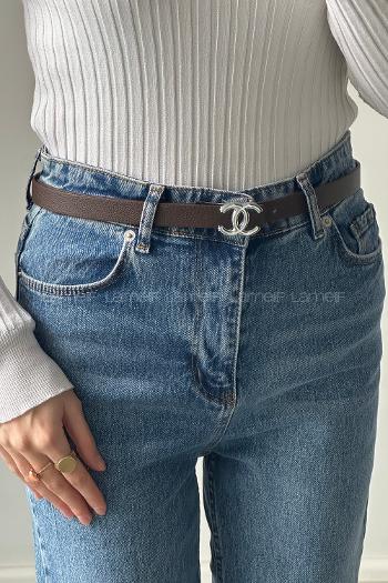 Lamelif Kahve Suni Deri Gümüş CC Tokalı Kemer