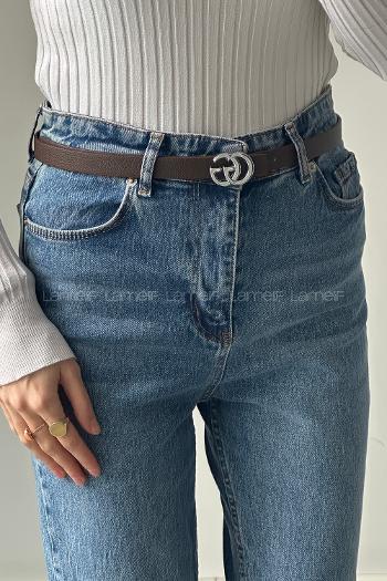 Lamelif Kahve Suni Deri Gümüş GG Tokalı Kemer