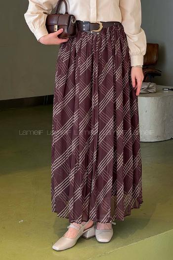 Lamelif Kemerli Şifon Etek Kahverengi