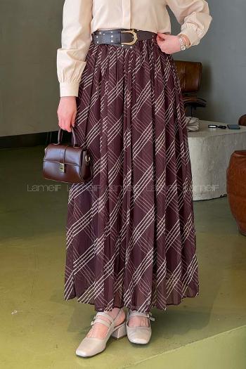 Lamelif Kemerli Şifon Etek Kahverengi