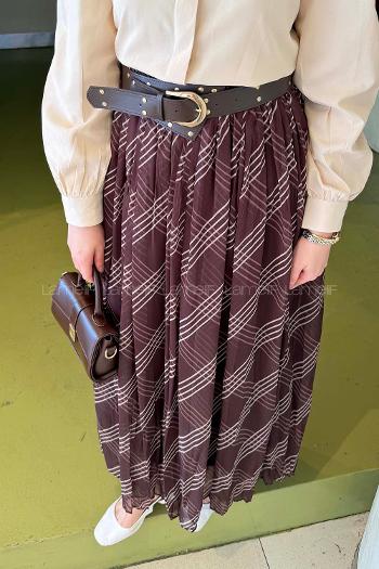 Lamelif Kemerli Şifon Etek Kahverengi