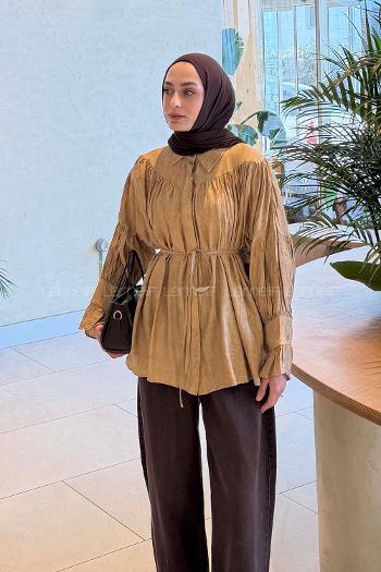 Brown With Milk Shirt Collar Long Arm Viscose Fabric Shirt