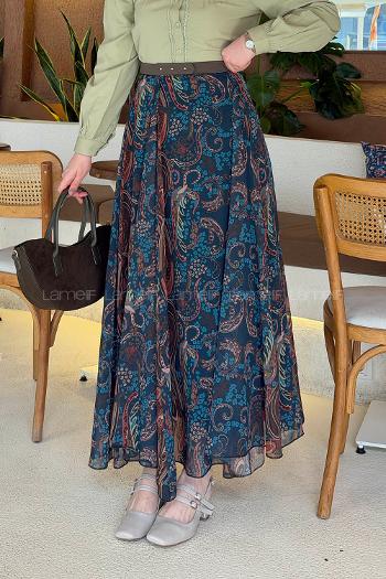 Lamelif Şifon Mevlana Etek Petrol Mavisi